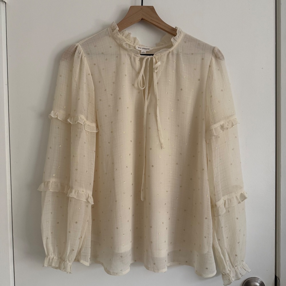 Blu Pepper Sheer Ivory Gold Blouse Puff Sleeve Romantic Ren Faire‎ Fairy